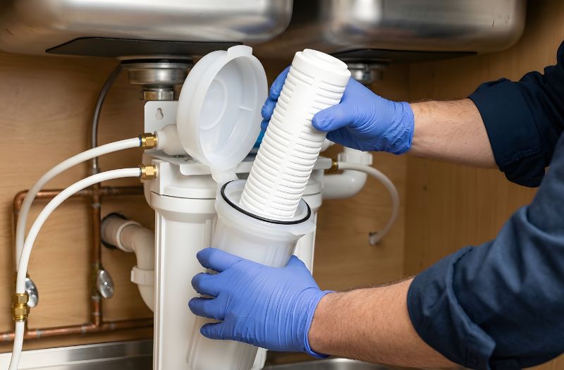 Licensed plumber installing a replacement filter cartridge into an under-sink reverse osmosis filtration system beneath a kitchen sink countertop.