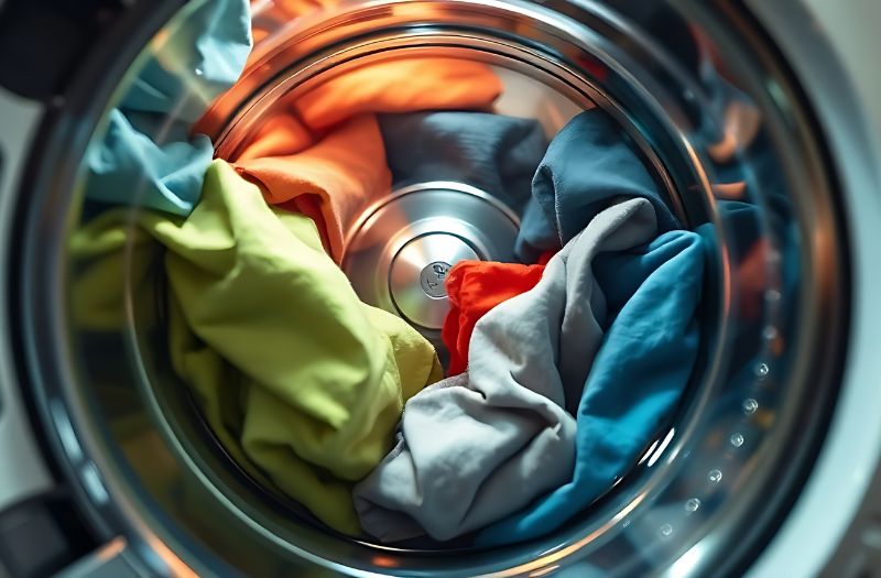 Modern washing machine drum filled with colorful laundry protected by a whole house water filter and water softener